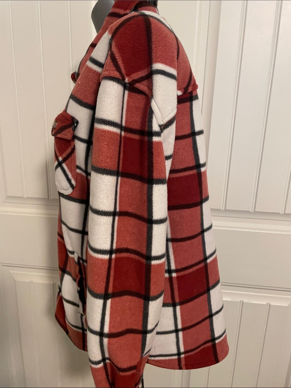 Plaid Button-Front Utility Shacket in Red - Picture 6 of 8